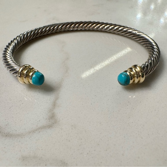 Two Tone Cable Bracelet with Open Cuff Faux Turquoise Silver Tone and Gold Tone - Picture 7 of 9